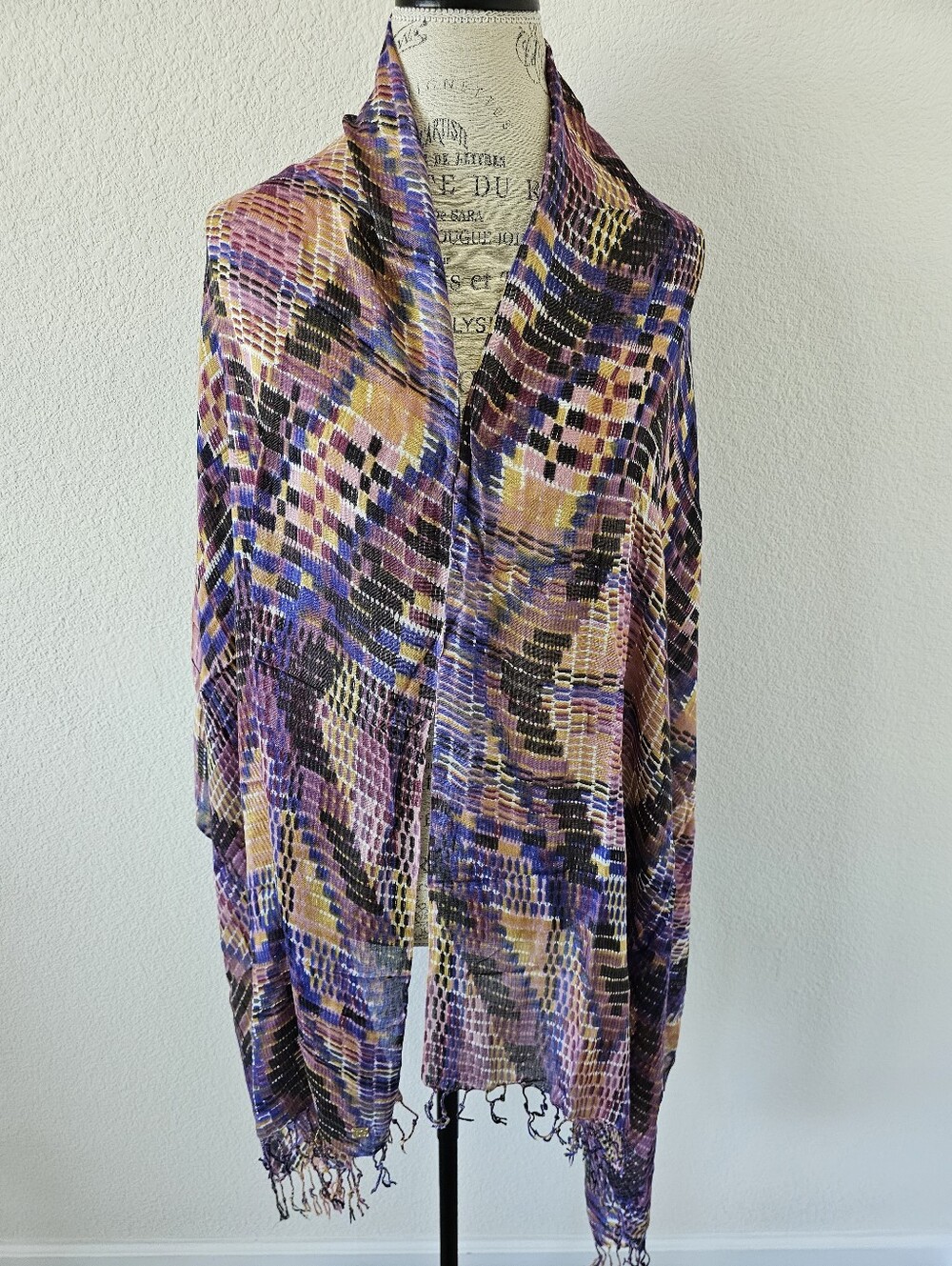 Liz Claiborne Abstract Ikat Plaid Wrap Scarf Purple Mustard Fringe Trim 72x28